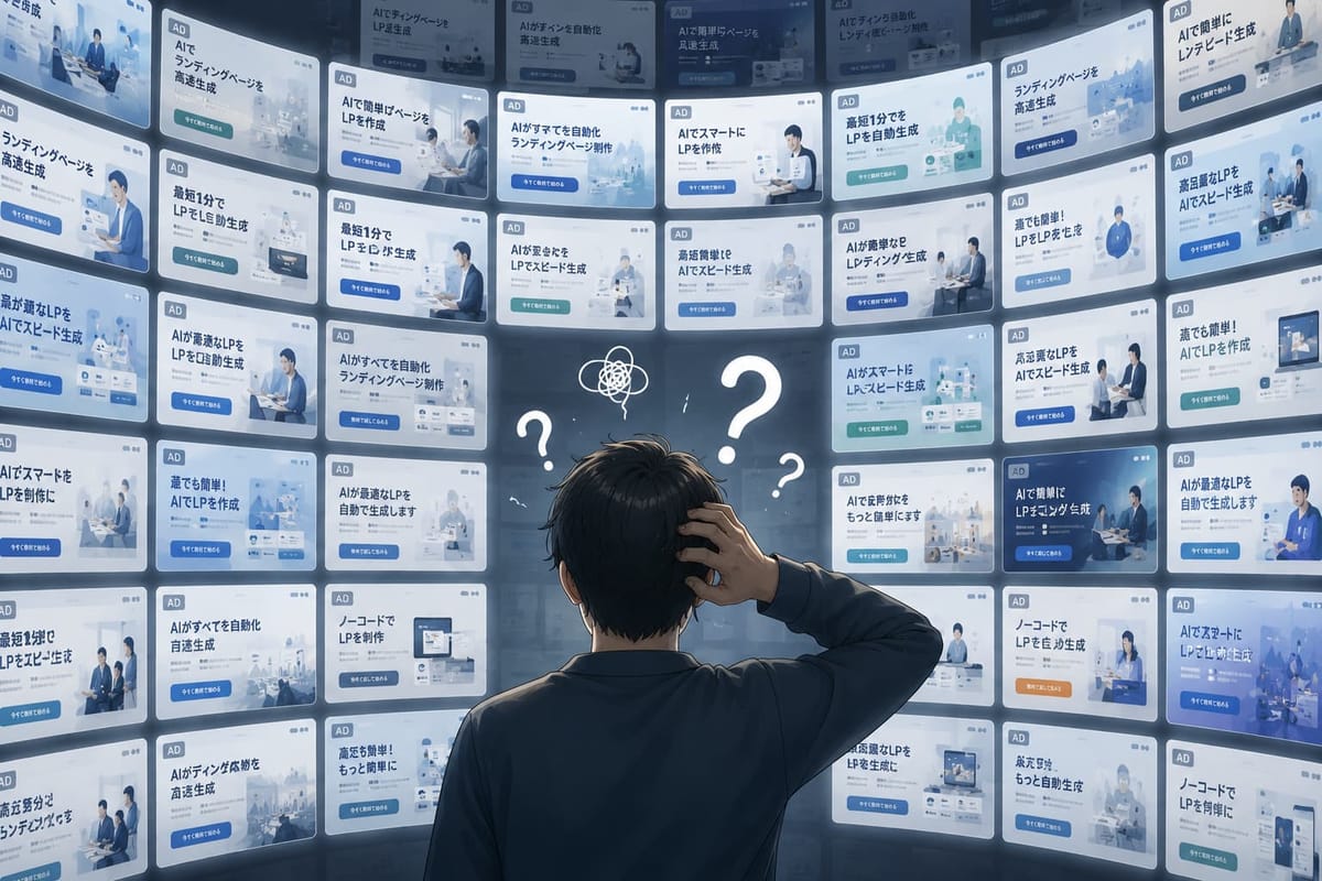 「AIで簡単にLPを作成」などの似た広告やLPが壁一面に並び、その前で男性が頭をかいて「？」を浮かべているイラスト